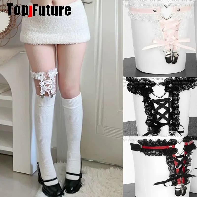 Giarrettiera da donna Y2K con ciondolo a cuore, in pizzo fatto a mano, con nastro e laccio, accessorio elastico per coscia, stile Sweet Lolita