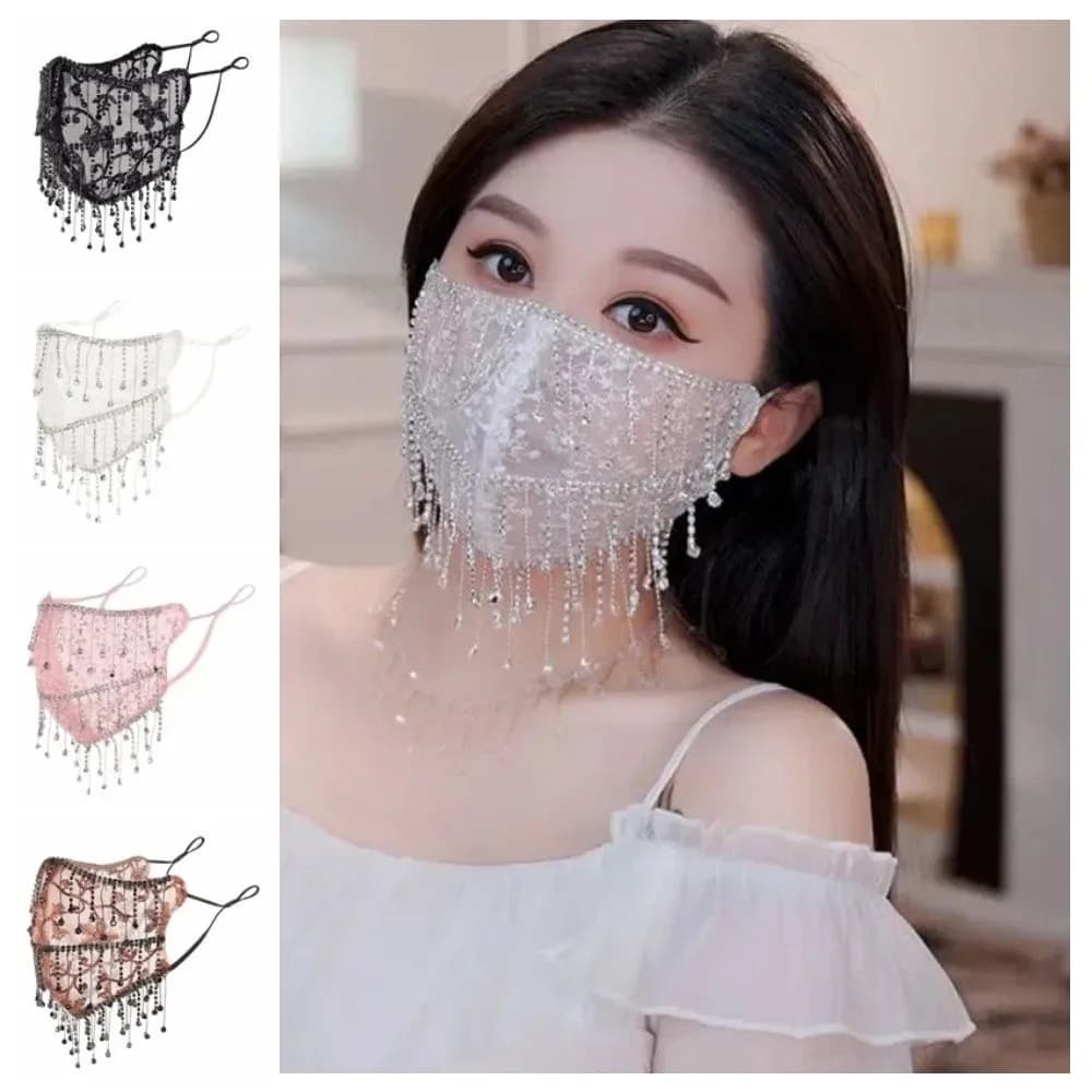 Fashion Breathable Bling Face Mask Tassels Sunscreen Mesh Tassel Mask Soft Rhinestone Cosplay Mask Face Accessories