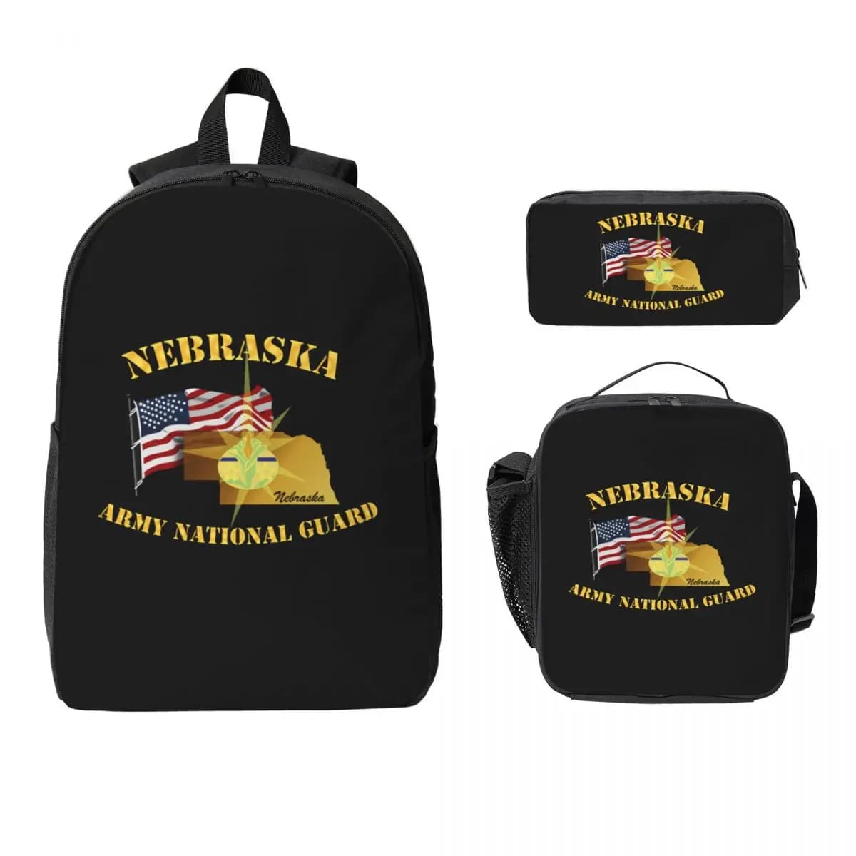 Nebraska Army National Guard Arny W Flag Zaino Borsa per libri Borsa per la scuola Borsa per laptop Borse a tracolla 3 pezzi Borsa per il pranzo isolata Astuccio per matite