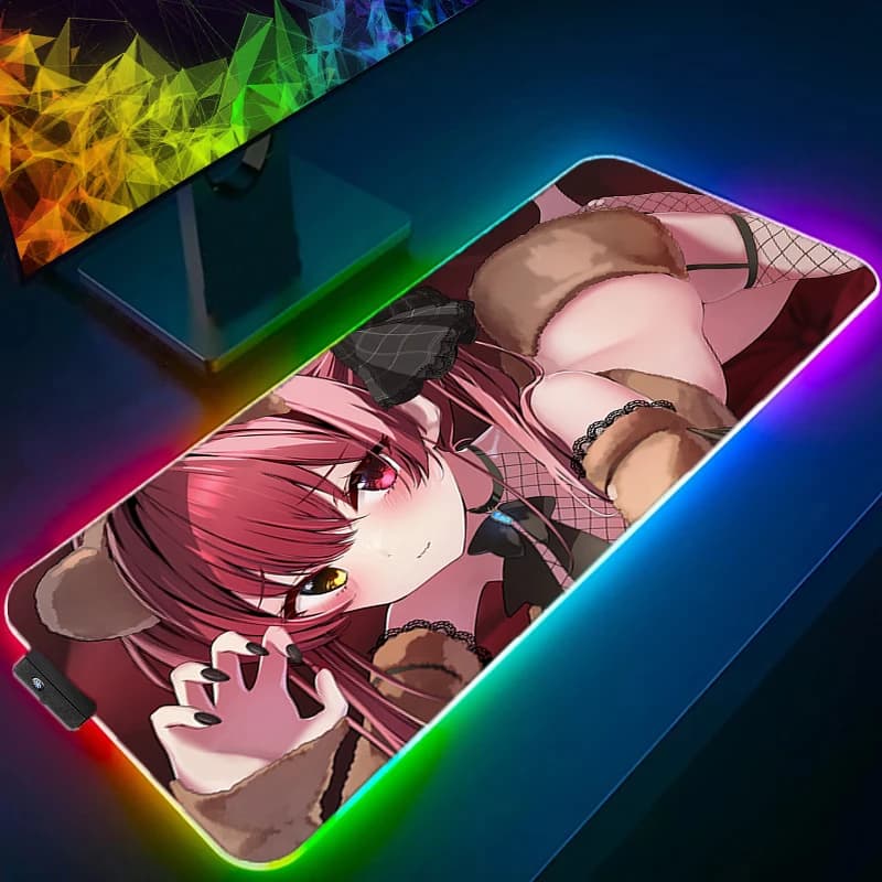 Tappetino per mouse da gaming RGB, grande tappetino da scrivania, gomma antiscivolo, bordi cuciti, stampa anime ragazza con orecchie da gatto, tappetino da ufficio esteso