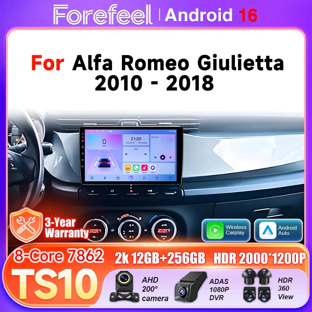 Autoradio Android 16 per Alfa Romeo Giulietta 2010-2018 con Carplay, 5G Wifi, Lettore Multimediale, BT, Stereo Auto, GPS 2k