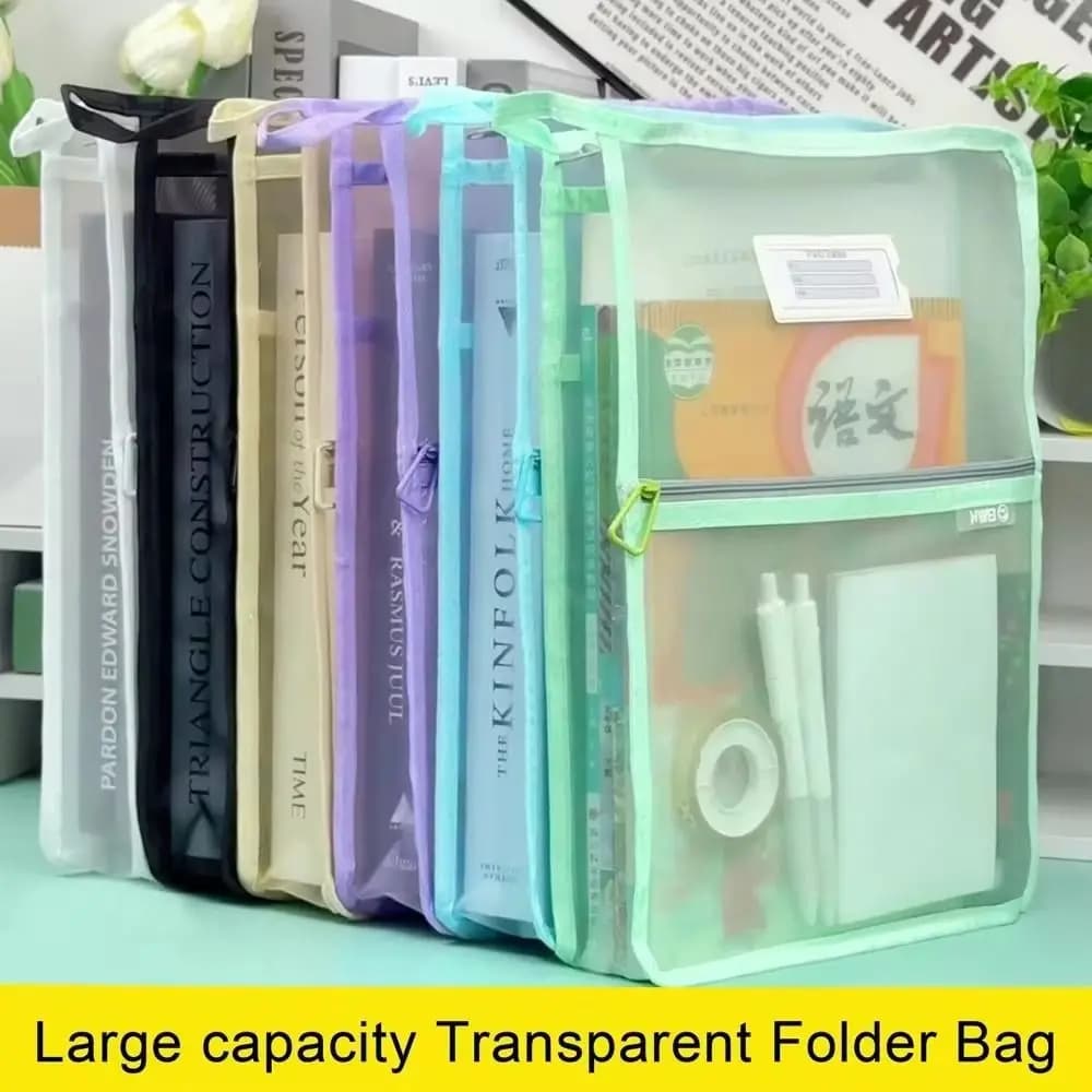 Borsa portaoggetti per carta di prova a forma di L Borsa per cartelle di file con apertura larga in rete ispessita Custodia trasparente per organizer per cancelleria con cerniera