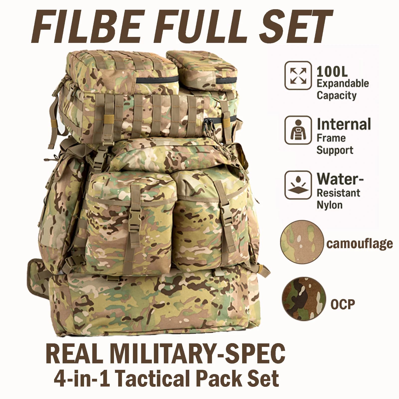 AkmaxFILBE Full Pack System tactical military backpack with assault and hydration packages and frame - OCP/camouflage