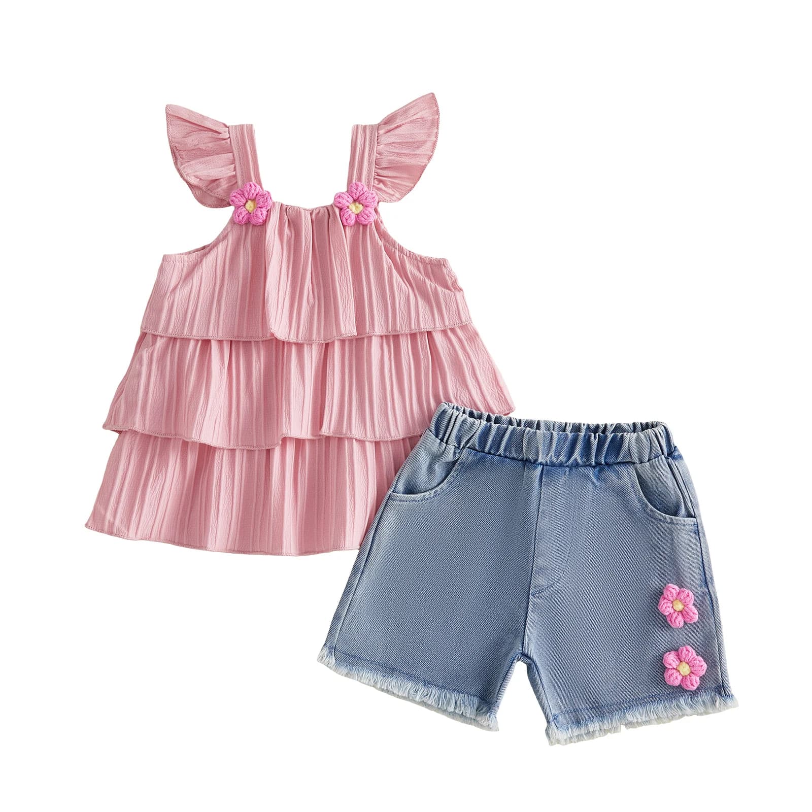 Set di top con maniche arricciate e stampa floreale per ragazze e pantaloncini in denim strappati per abiti estivi da spiaggia e vacanza