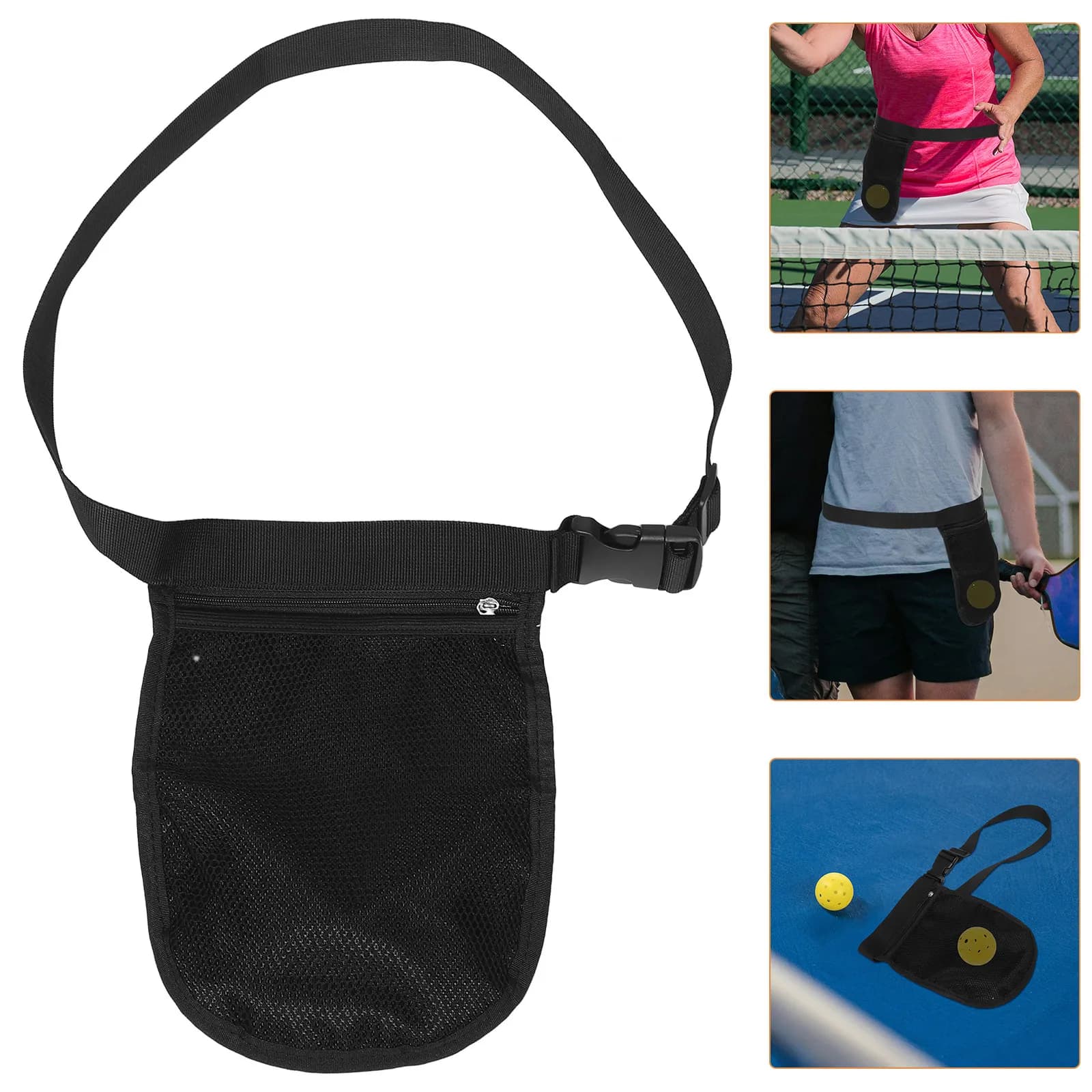 Borsa portaoggetti da tennis multiuso in rete con cerniera e tracolla regolabile per palline da tennis, golf e badminton