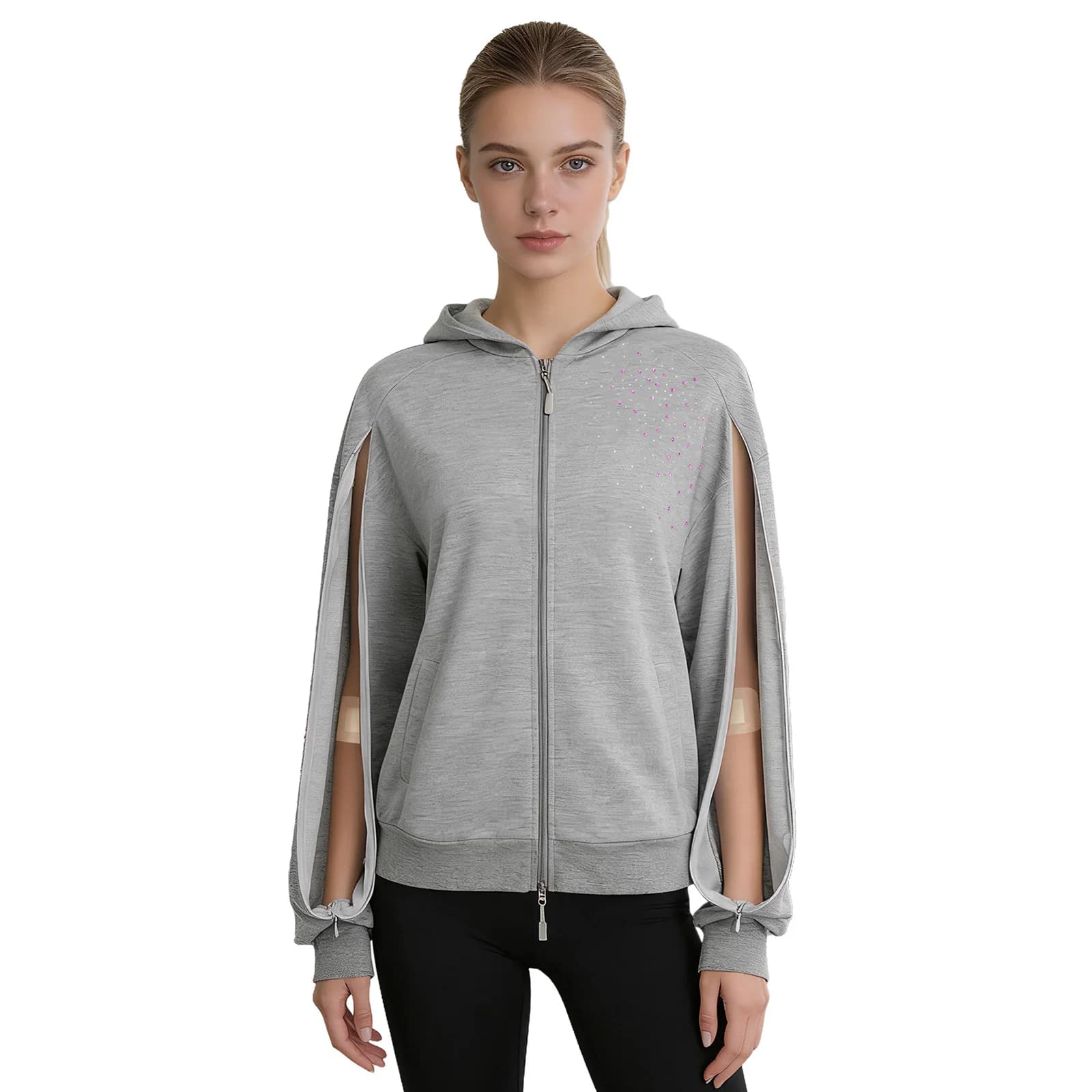 Felpa con Zip Integrale per Donna con Cerniere sulle Maniche, Decorazioni in Strass Lucidi, Giacca Casual con Tasche per Uso Quotidiano e Dialisi