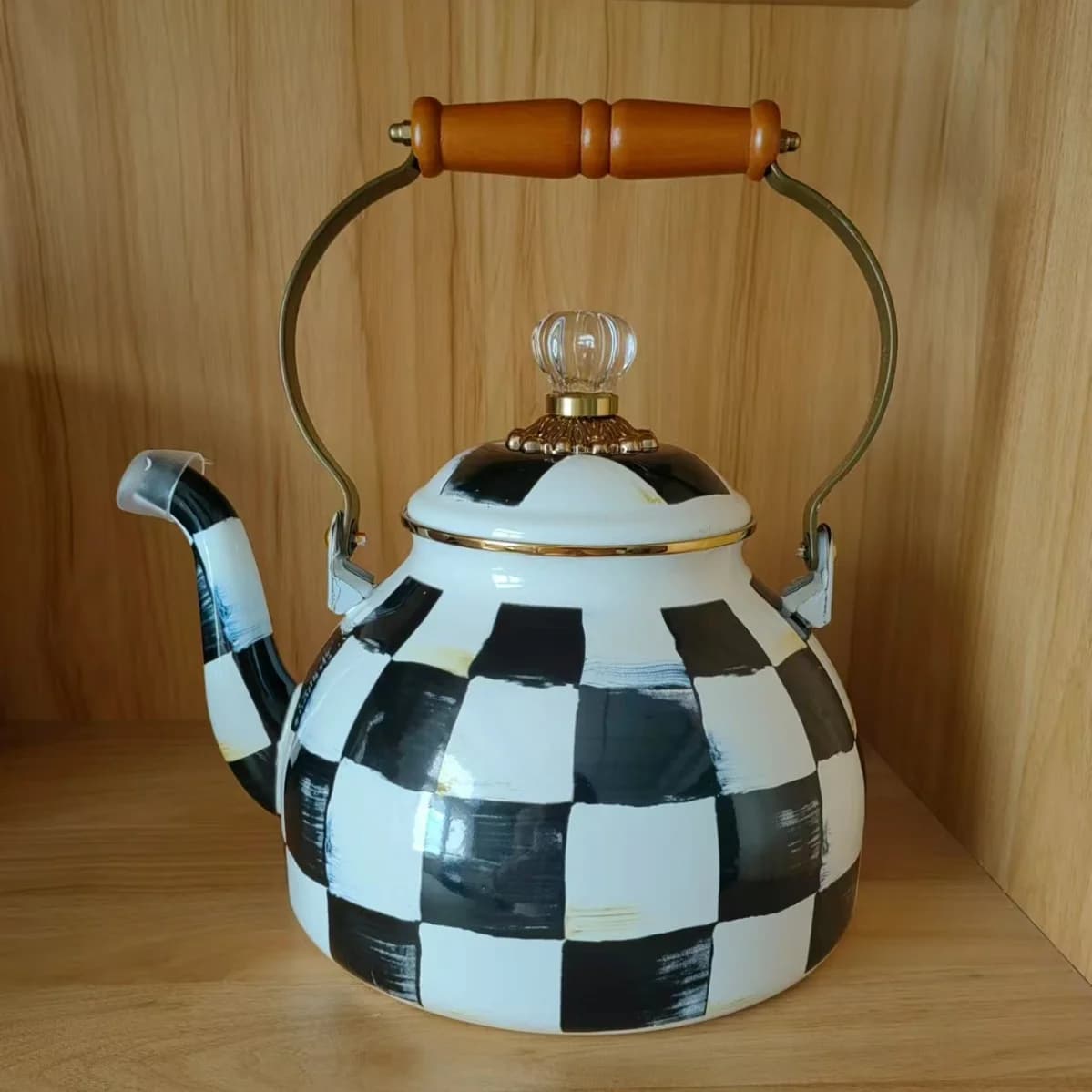 European Handmade Enamel Teapot Coffee Pot Kettle Hand Drawn American Oil Painting Style Black White Checkered Enamel Kettle