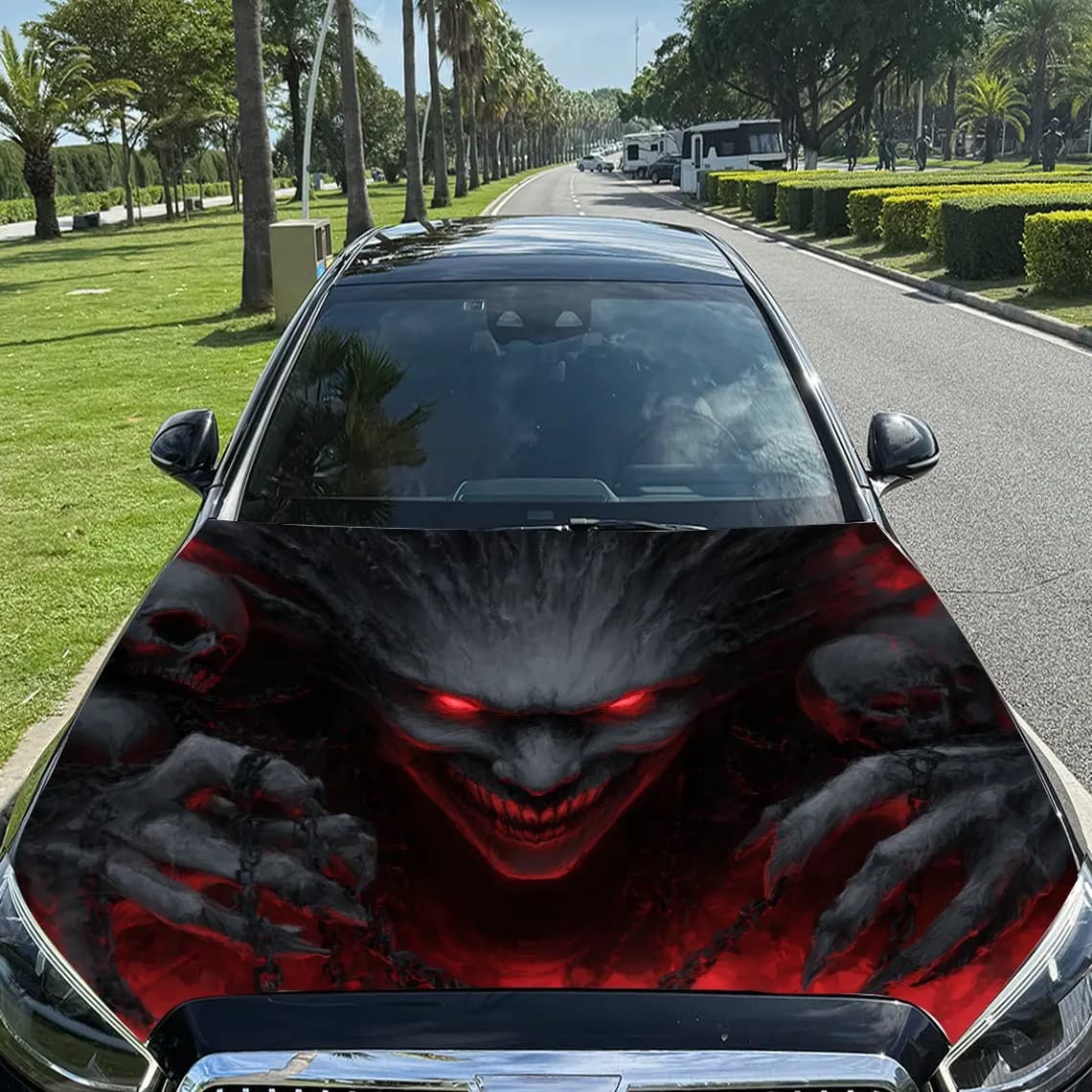 Rosso - Catena dagli occhi - Adesivi per cofano auto con stampa Malicious Mad Demon bloccata, autoadesivi impermeabili, resistenti ai graffi, facili da attaccare