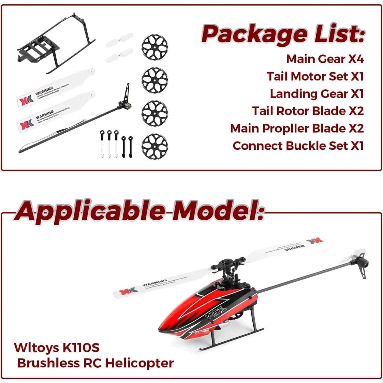 Kit di accessori di ricambio, compatibile con elicottero WLtoys XK K110S RC, kit elica, carrello di atterraggio, kit ingranaggio lama motore di coda