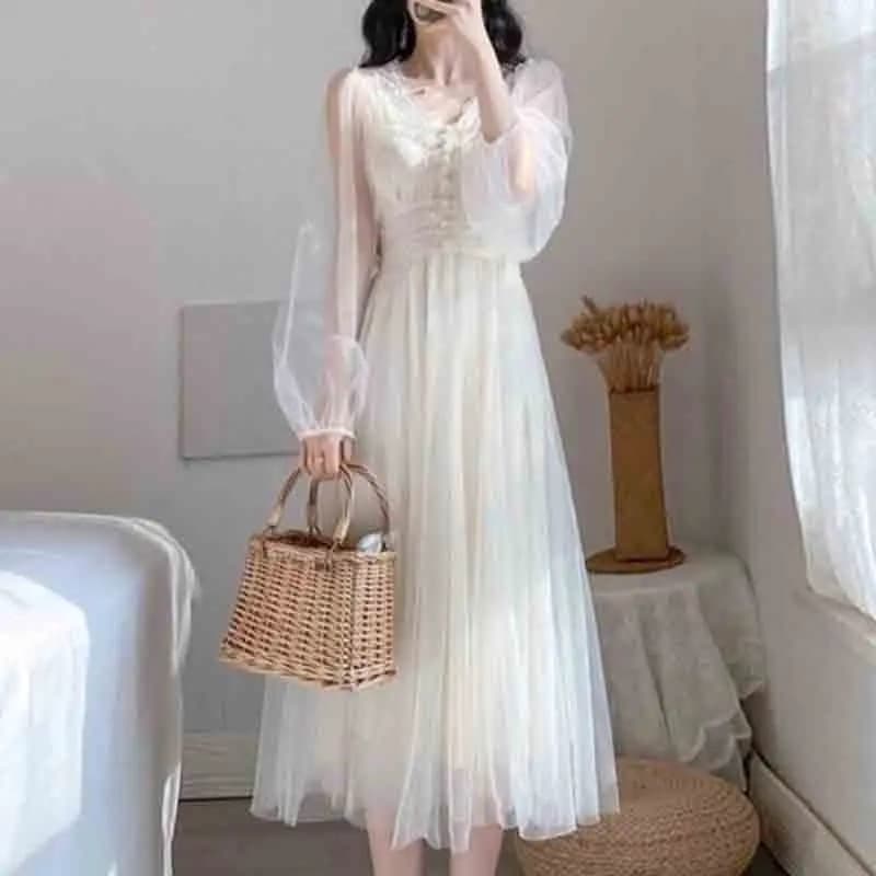 2023 autunno nuovo stile edizione coreana garza abito lungo solido scollo a v bottone volant donna pizzo sottile Patchwork abiti a maniche lunghe