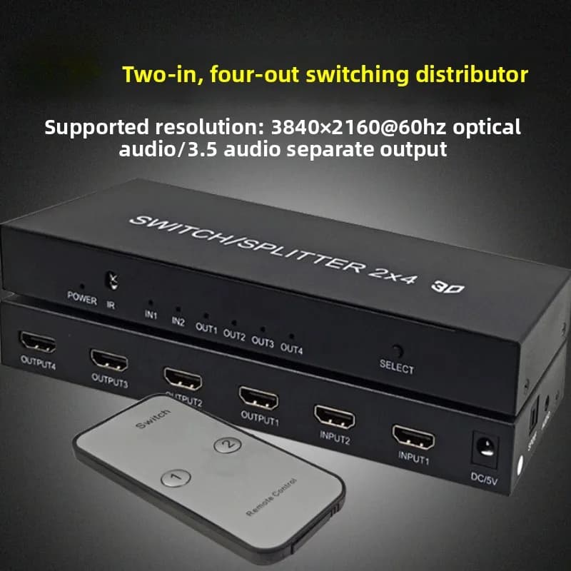 HD 2.0 2x4 Switch Splitter 2 in 4 out 4K@60Hz Video Switcher 2x4 with SPDIF Audio Extractor for Laptop PC to 2 3 4 TV Display