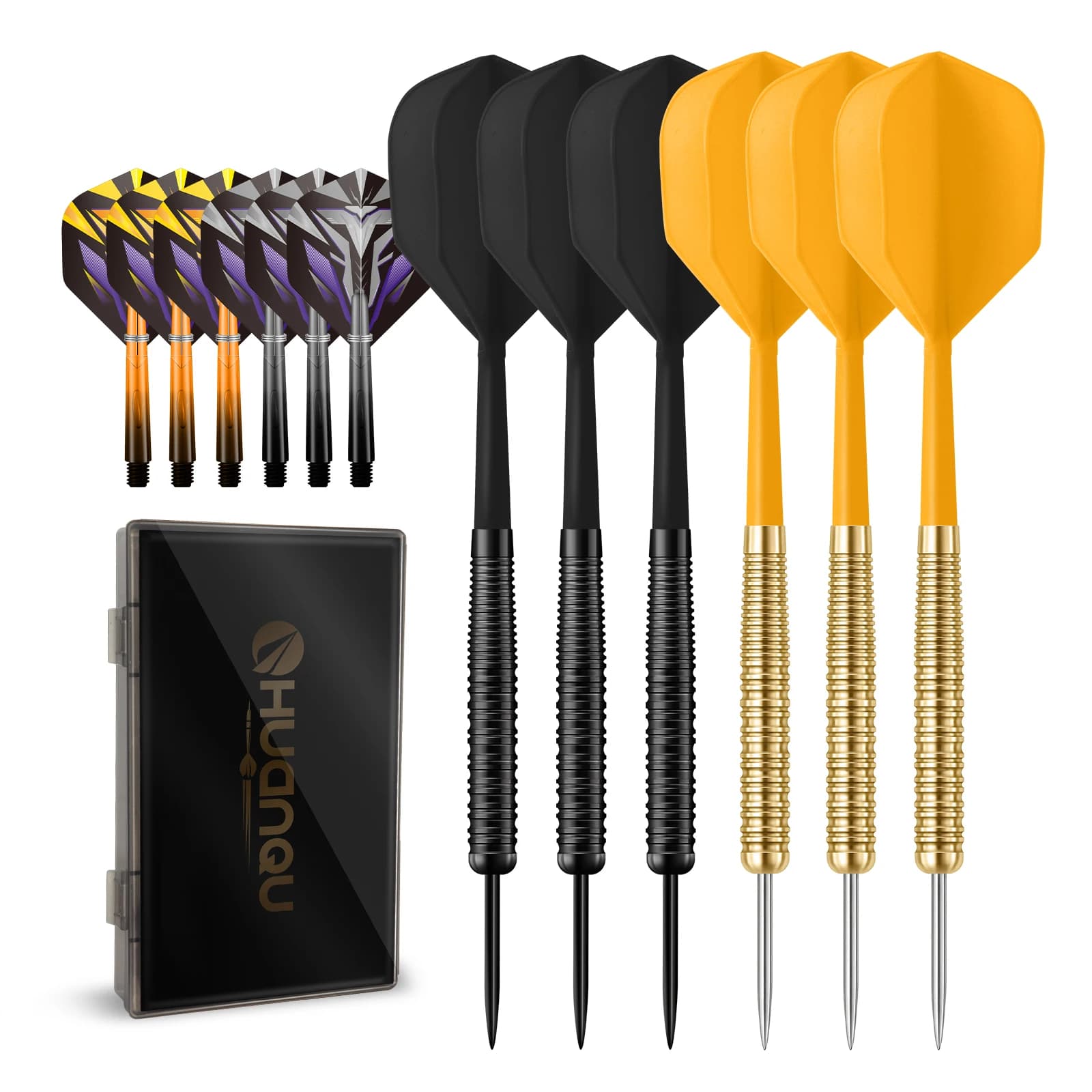 HUANQU 6PCS 17g Steel Tip Darts Set, 2BA Thread, Textured Grip, Standard Flights, Replacement Shafts, Storage Case for Practice