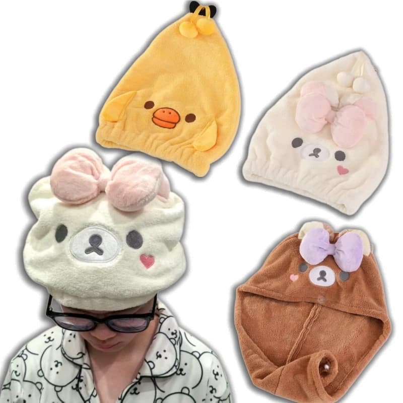 Cute Animal Dry Hair Towel Cap Rilakkuma Super Absorbent Hair Wrap Quick Drying Bear Chick Bath Turban Hat for Women Girls