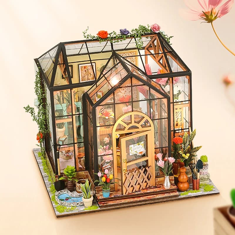 Casa delle bambole in legno Casa dei fiori fai da te Puzzle 3D Modello di assemblaggio Giocattoli da costruzione Decorazioni per la camera da letto di casa con mobili Regalo leggero a LED