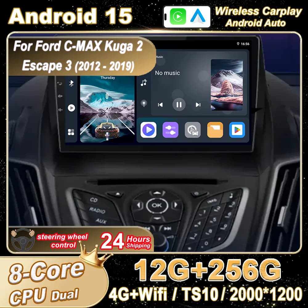 Android 15 Radio Stereo Per Ford C-MAX Kuga 2 Escape 3 2012 -2019 Auto Lettore Multimediale Video Navigazione GPS Carplay No 2din 4G