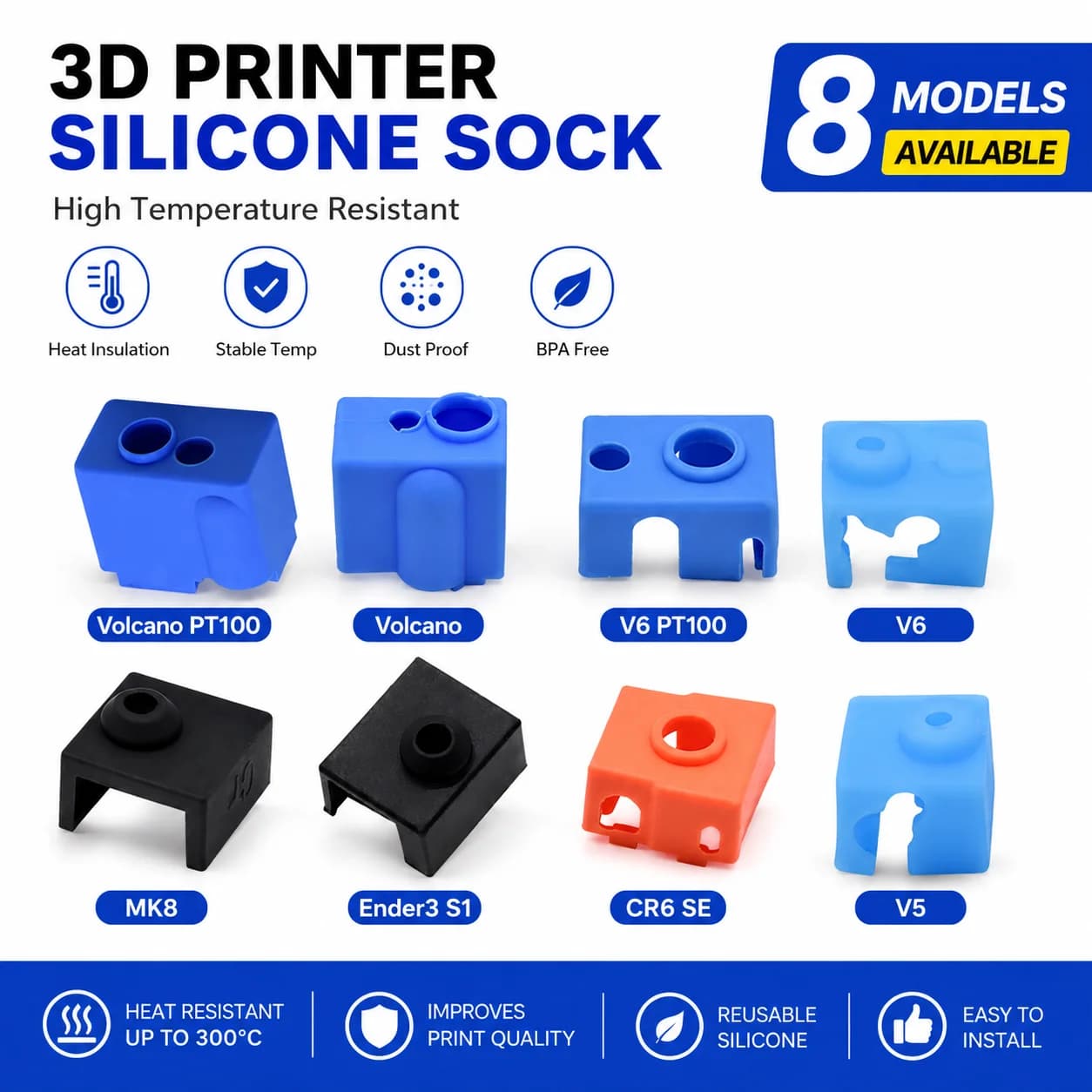 3/5/10 pz Calze in silicone per hotend per stampanti 3D E3d V6 V5 Volcano PT100 Ender3 S1 CR10 MK8 CR6 SE, manicotti in silicone per blocco termico