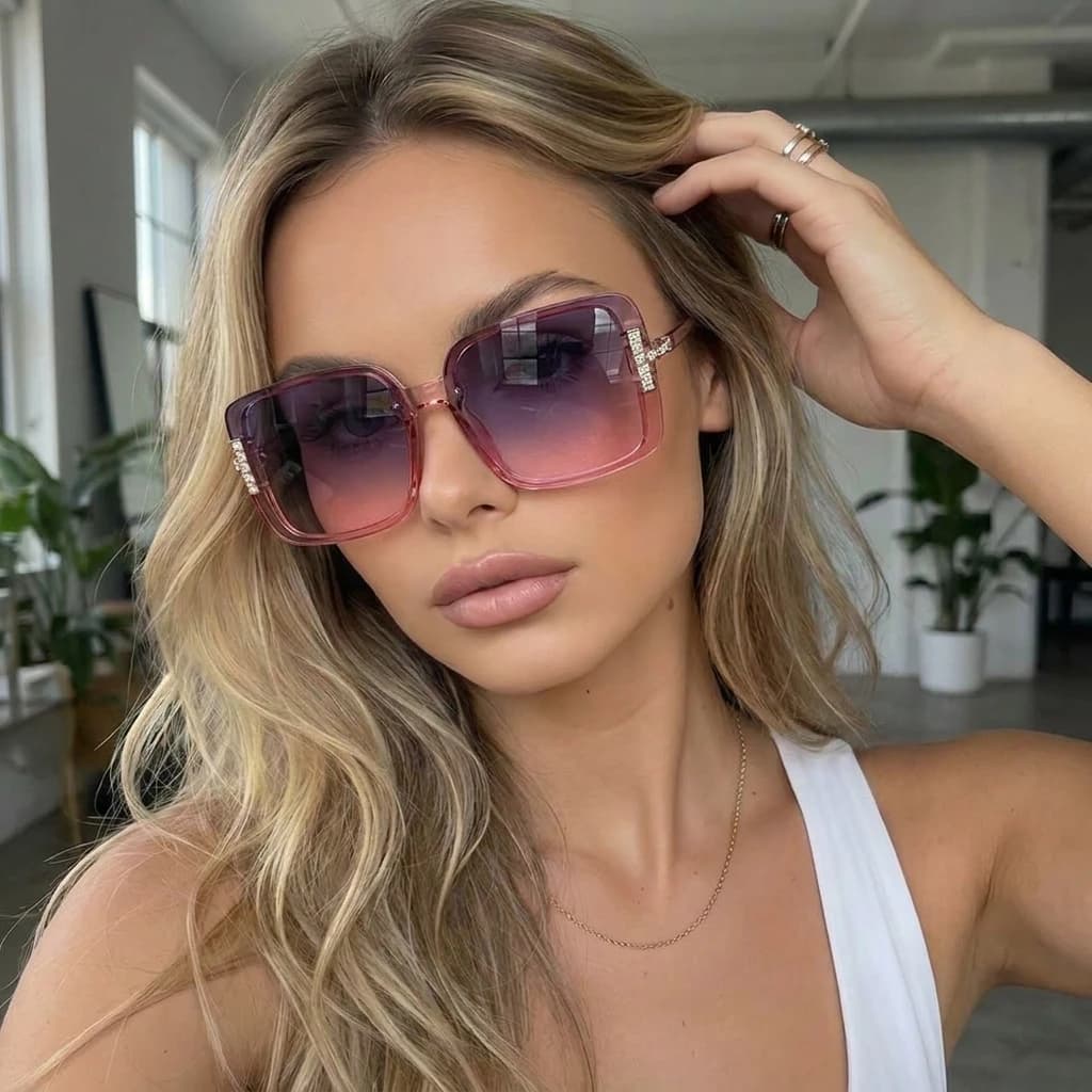 Minimalist Oversized Square Sunglasses, Rhinestone Accent, Uv400 Protection, Face Slimming Sunglasses 6085