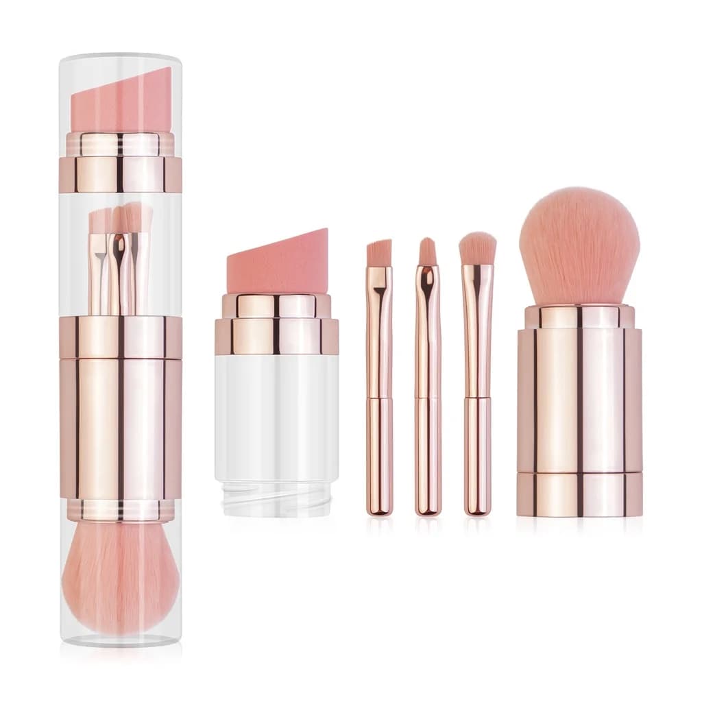 Set of 5 in 1 detachable travel makeup brushes for powder with vegan synthetic bristles, multifunctional beauty