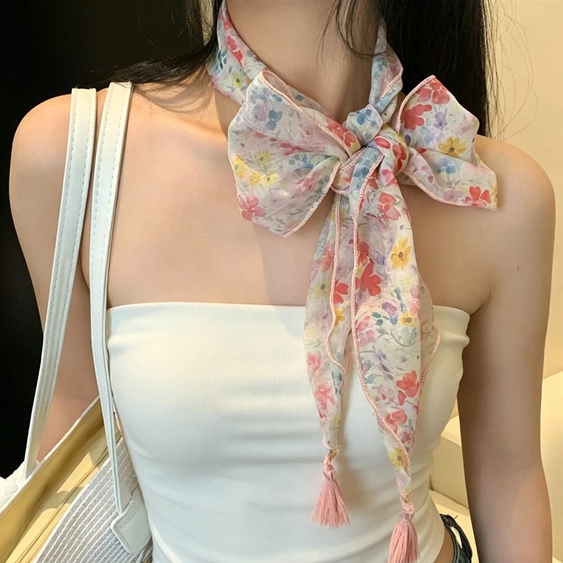 Pastoral Style Floral Print Silk Scarf for Women Neck Scarf Hair Rope Tie Ponytail Holder Headband Female Accessories Headdress