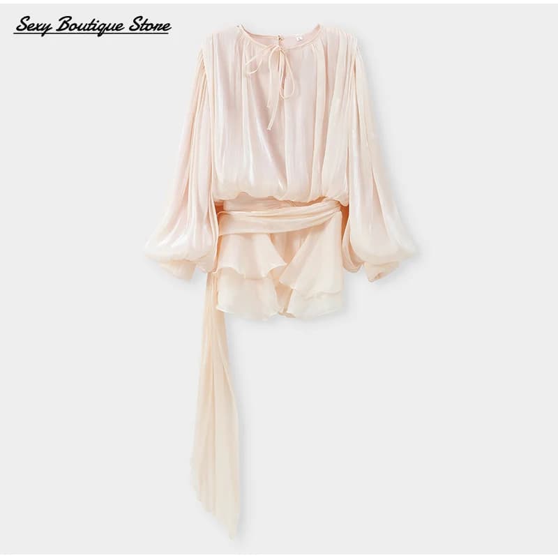 Elegant blouse with lantern sleeves Mini dress with low waist short neck with folded hem Dresses with laces Party dresses 2025 Women's clothing