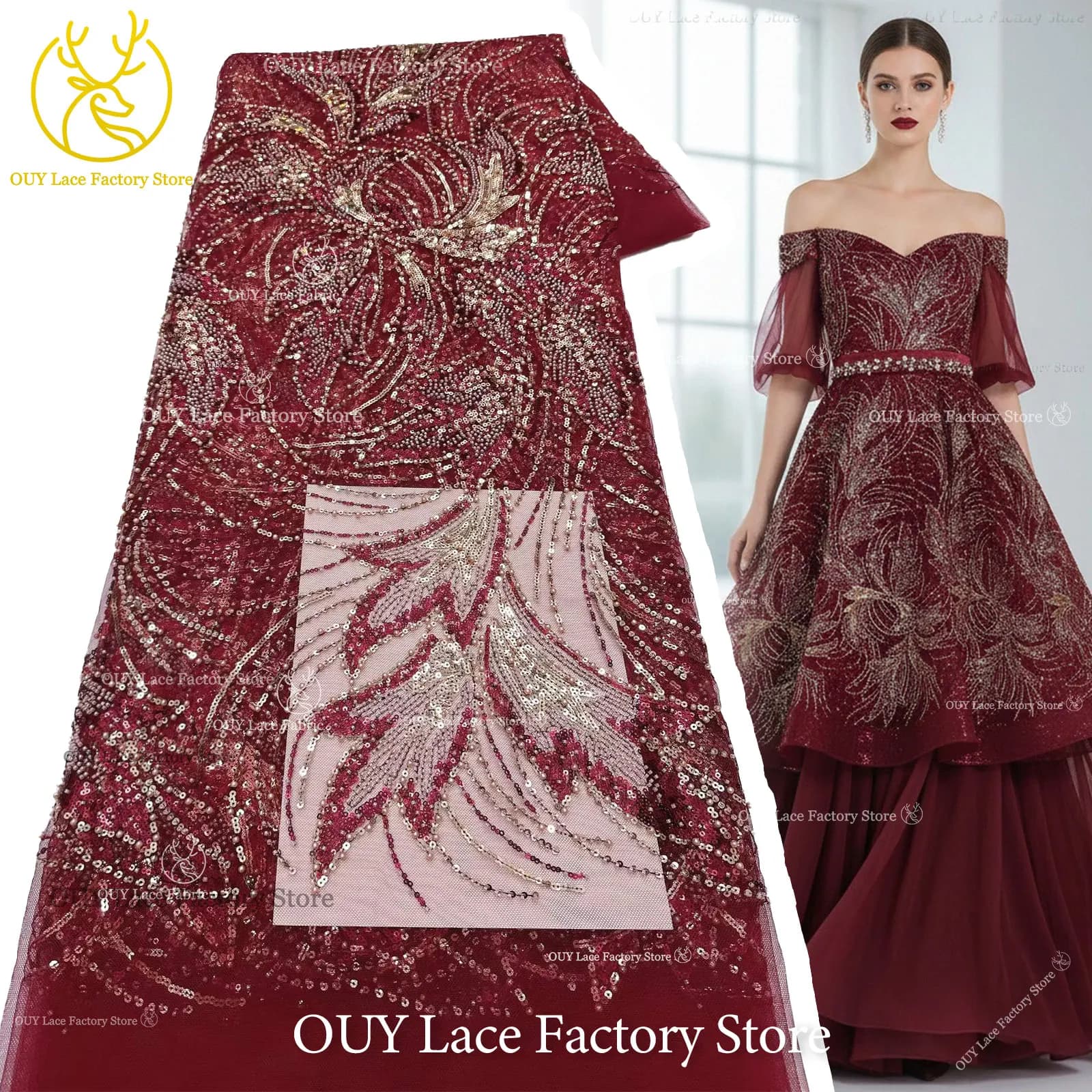 2026 New Style African Beaded Sequins Lace Fabric High Quality Nigerian Tulle Mesh Lace Fabric For Sewing Wedding Party Dress