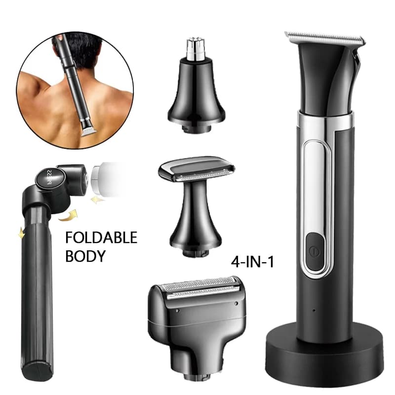4 in1 Rechargeable Men's Shaving Set Back Razor Groomer Foldable Telescopic Rod Nose Cutters Back Razor Long Sleeve