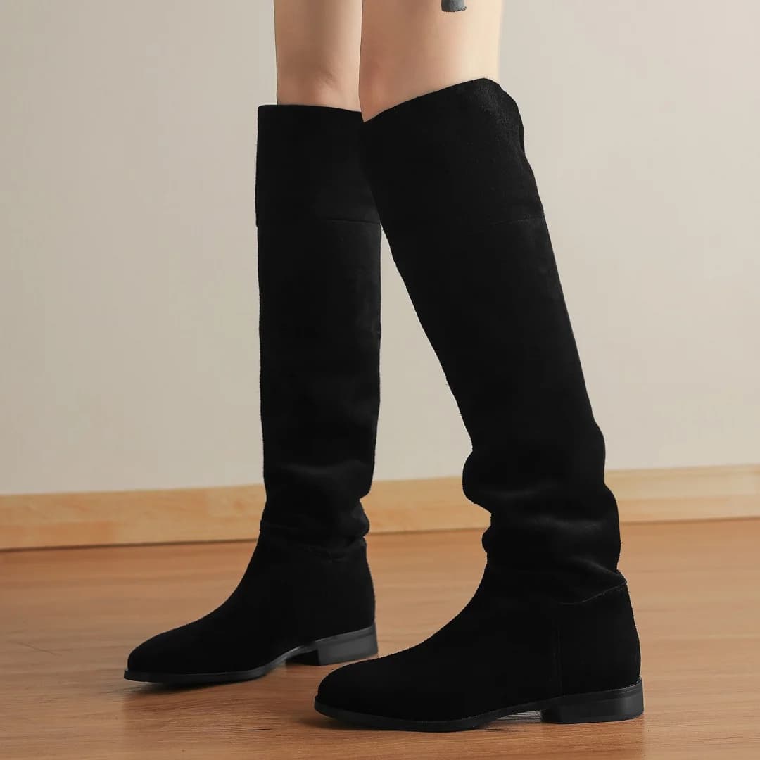 danxuefei women's natural suede leather round toe slip-on autumn over the knee boots high quality casual flats long boots shoes