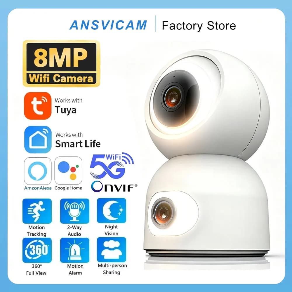 ANSVICAM 8MP 4K Baby Monitor con Doppio Schermo, Telecamera WiFi Tuya con Rilevamento Umano AI, Telecamera di Sicurezza Domestica Wireless 5G per Videosorveglianza