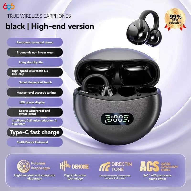 Wireless Headphones with Open Ear Clips Bluetooth 5.4 Waterproof Sports Headphones HD Call with Rechargeable Case LED Display