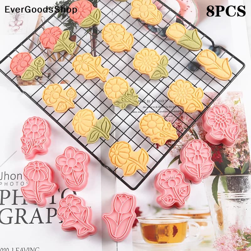 New 8Pcs Set Flowers Shape Cookie Cutter Stamp Cartoon Pressable Biscuit Mold Confectionery Cookie Kitchen Baking Pastry Tools