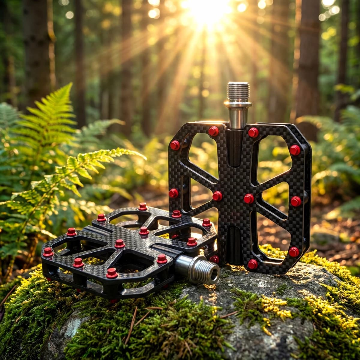 MTB Pedals in Ultra-Legger Carbon Fiber 206g/Paio - NANLIO MT100 Pedals High-Red Plates with 3 Road Bike Bearings and BMX Racing
