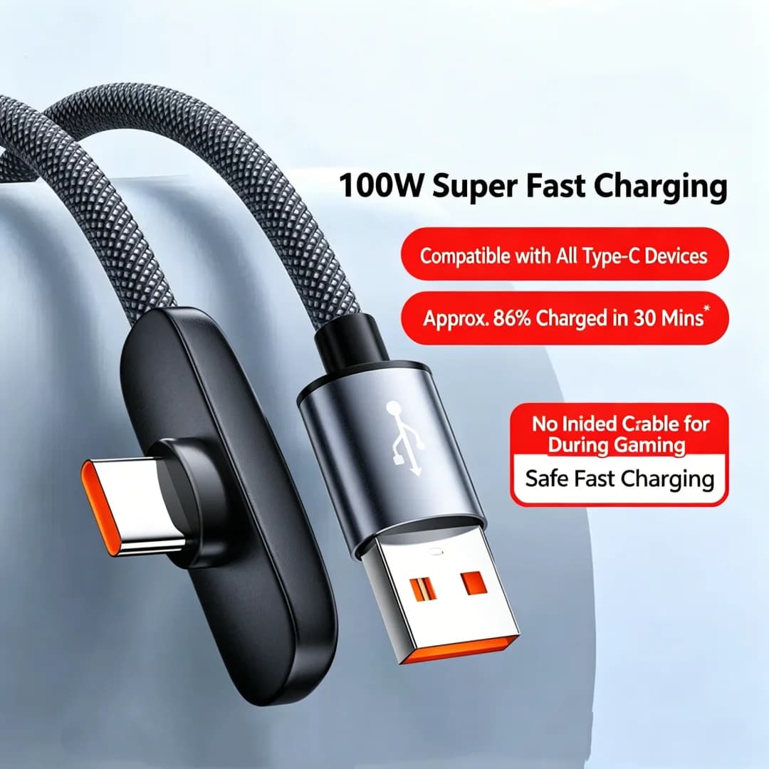 100W L Shape Flat Elbow USB A to Type C Fast Charging Cable Braided High Power Data Transfer Right Angle Charging Wire 1m 1.5m2m