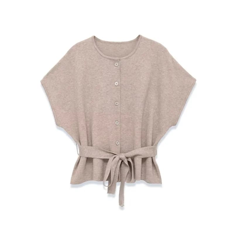 Women's Knit Cardigan with Belt, Casual Spring, Neckline to O, Short Sleeve, Larghe shoulders, Bottoni, Women's sweater, Women's top