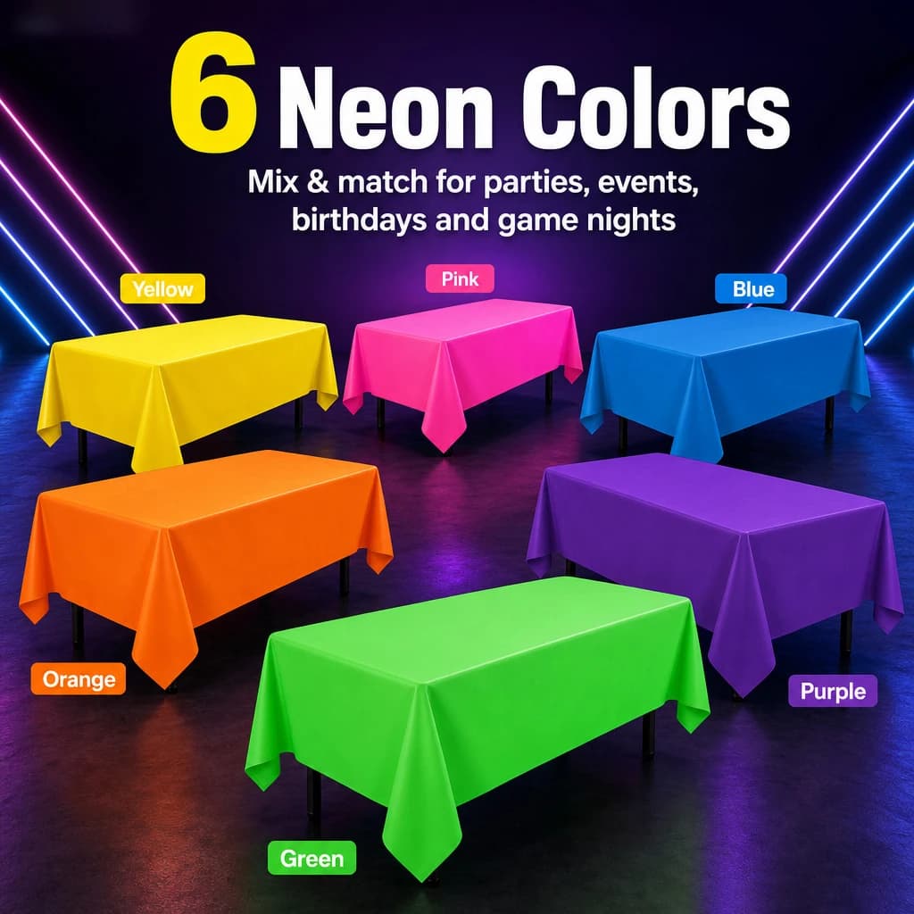Thickened Macaron Fluorescent Tablecloth, Disposable Solid Neon Table Cover for Glow in The Dark Party, Birthday & Bar Decor