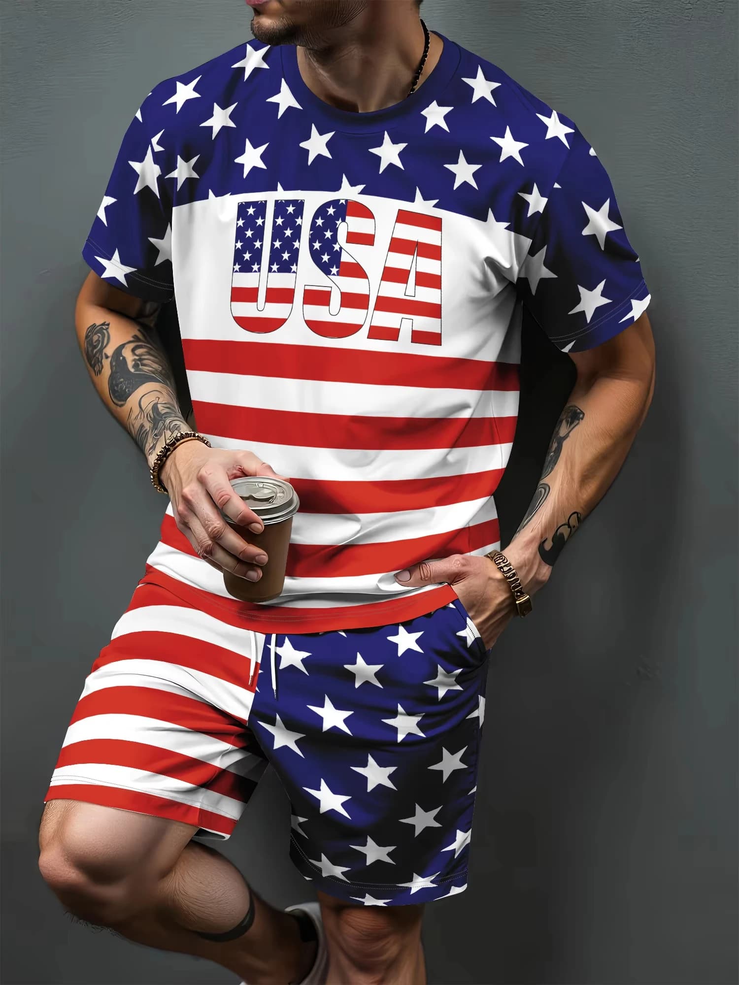 Hot Selling Top 3D Printed Men Short Sleeve Outfit, Casual T-shirt with Drawstring Bottoms for Summer Outdoor Daily Wear