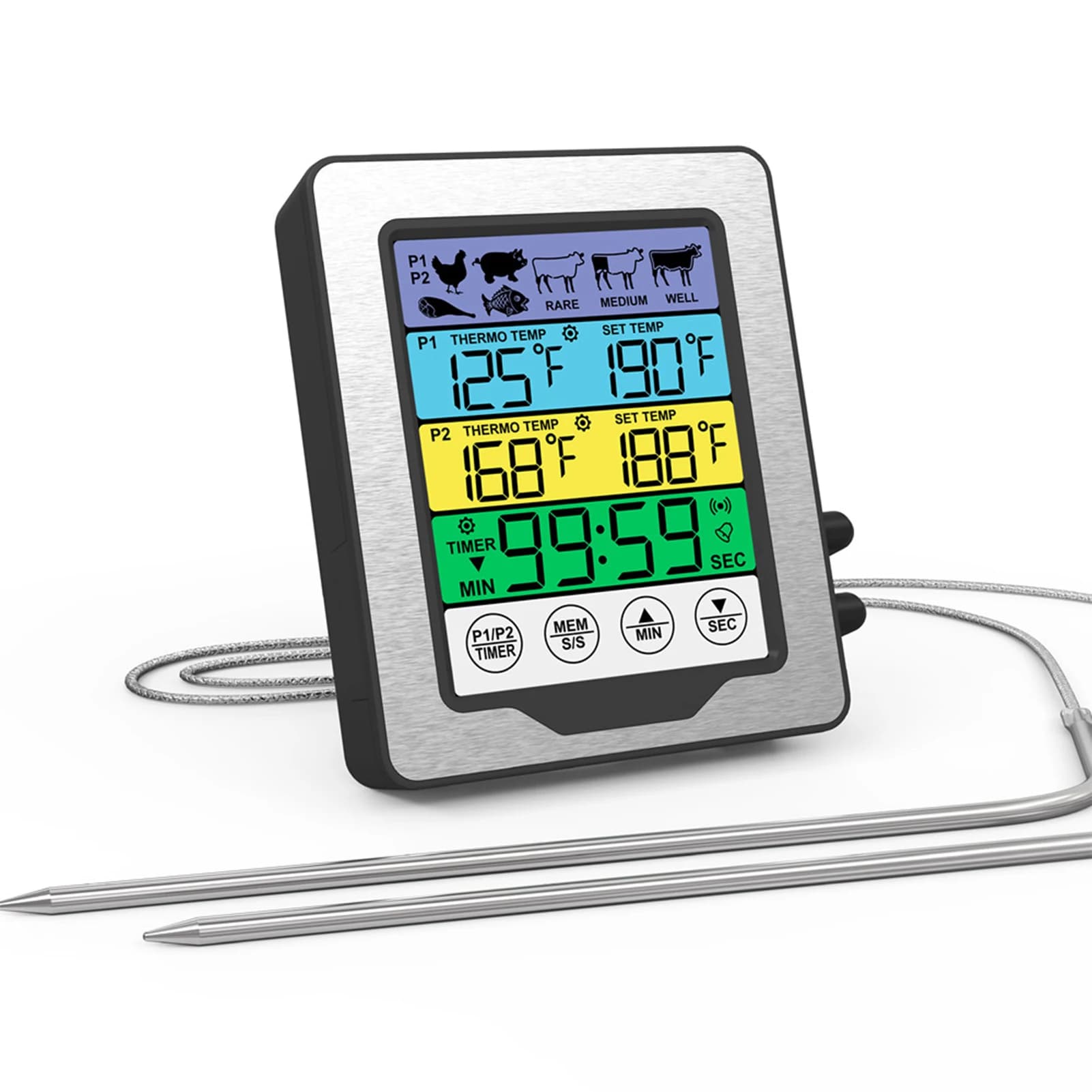 Termometro digitale per carne da cucina con touch screen a colori con doppia sonda di temperatura, forno digitale