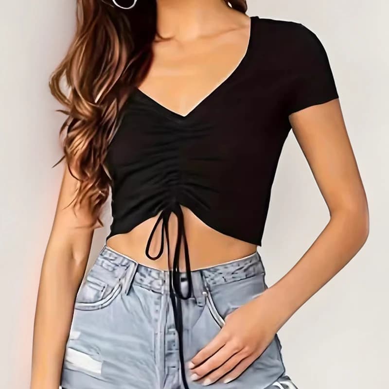 Short Sleeve Drawstring Crop Top for Women Teen-girl V-Neck Tie Front Rib-knit Tee Shirt Summer Casual Outfit