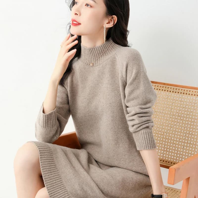 Autumn Winter Women's Cashmere Dress Long Knitted Sweater Half High Collar plus Size Knee-Length Knit Skirt Commute Style Pur...