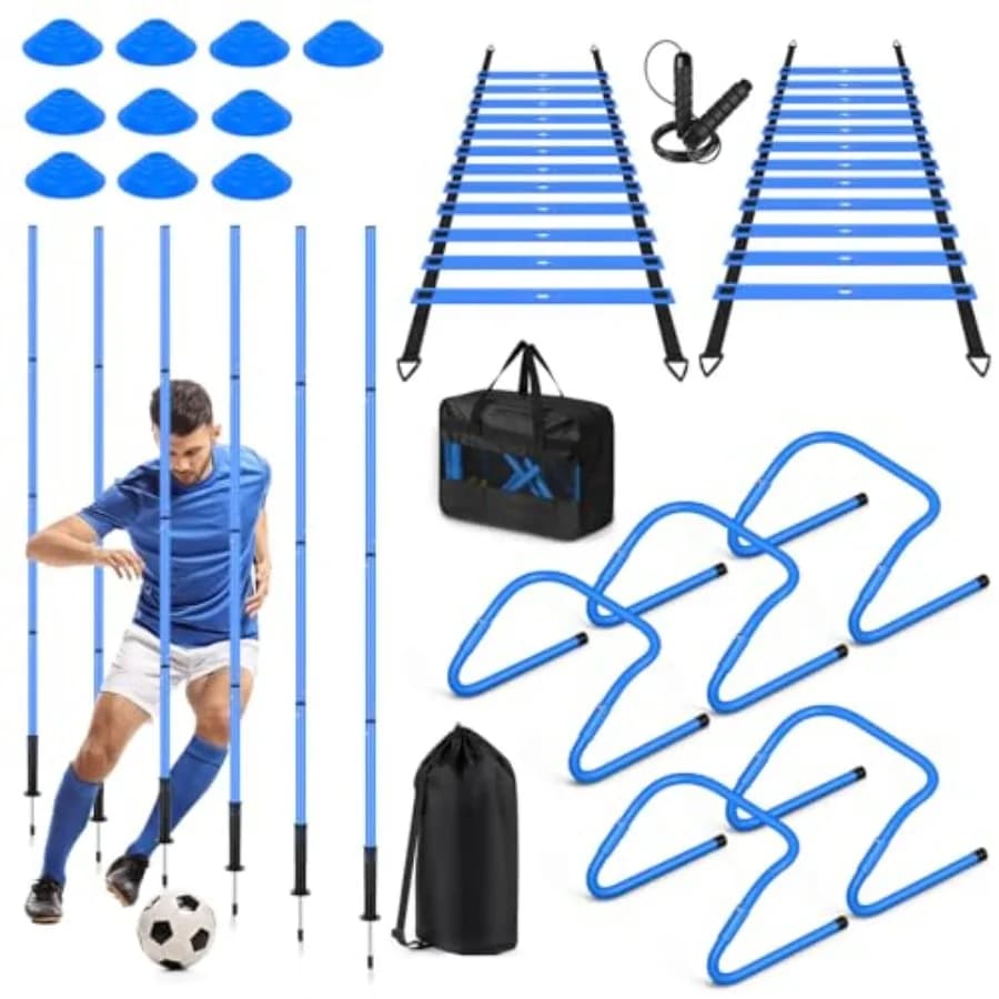 Attrezzatura per Allenamento di Agilità nel Calcio: 5 Ostacoli Regolabili, 6 Pali per Agilità Calcistica, 2 Scale per Agilità, 10 Coni, Corda per Saltare