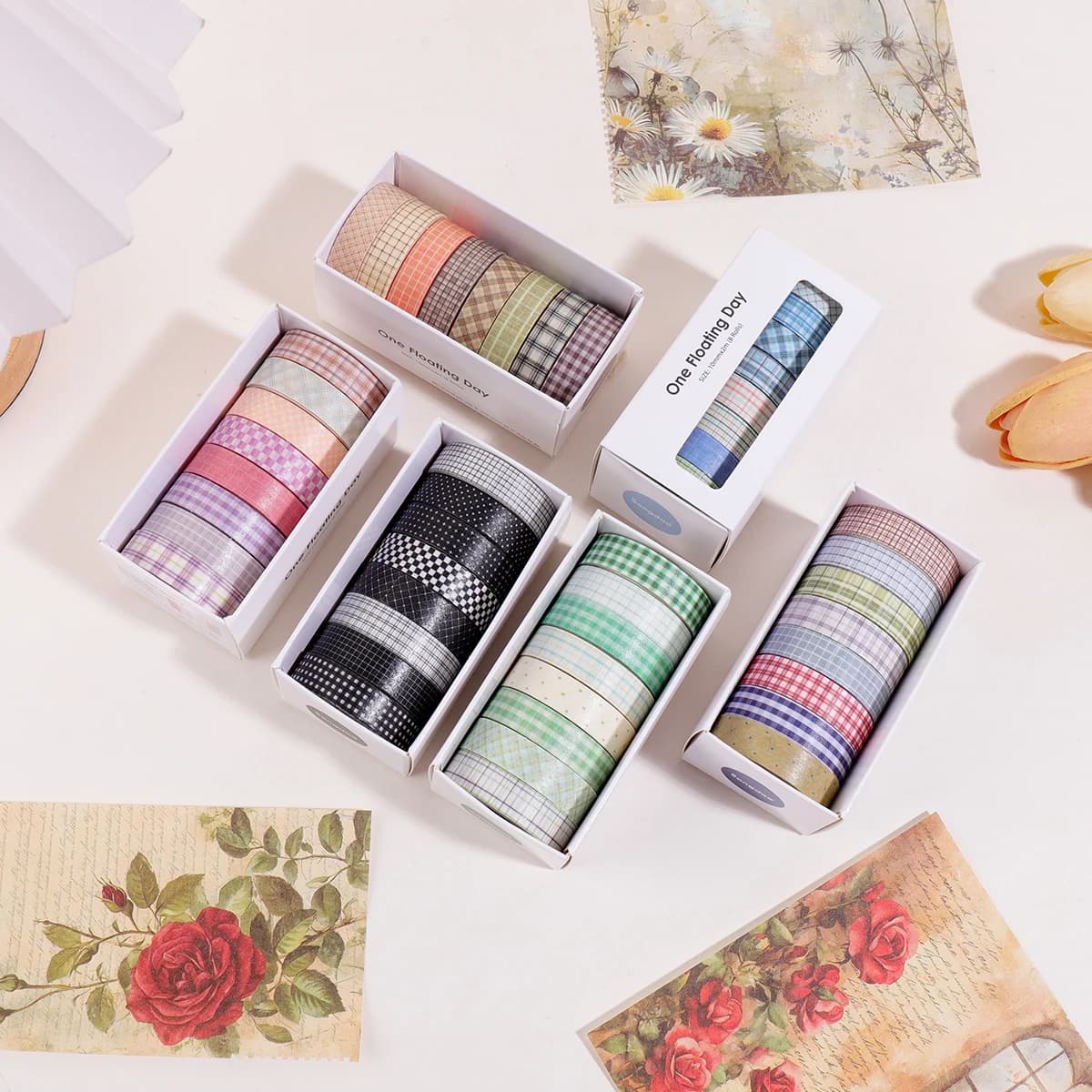 8 Rolls Plaid Washi Tape Set, Retro Checkered Grid Decorative Strips for Journal Planner Scrapbooking & DIY Crafts Supplies