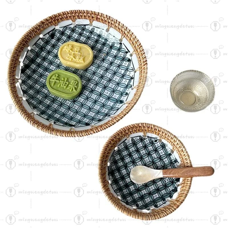 Vassoio portaoggetti in rattan intrecciato stile nordico di lusso, piatto in ceramica per frutta secca, dolci e dessert, stoviglie