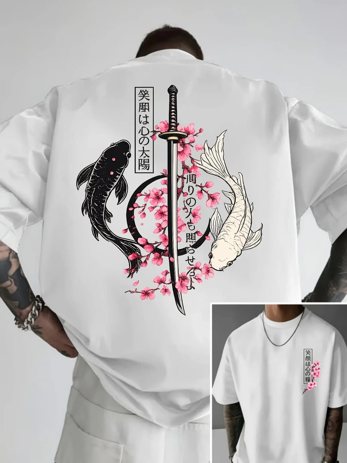 T-shirt da uomo vintage con motivo Koi giapponese e spada, in cotone, casual, trendy, oversize, girocollo, unisex, per primavera ed estate