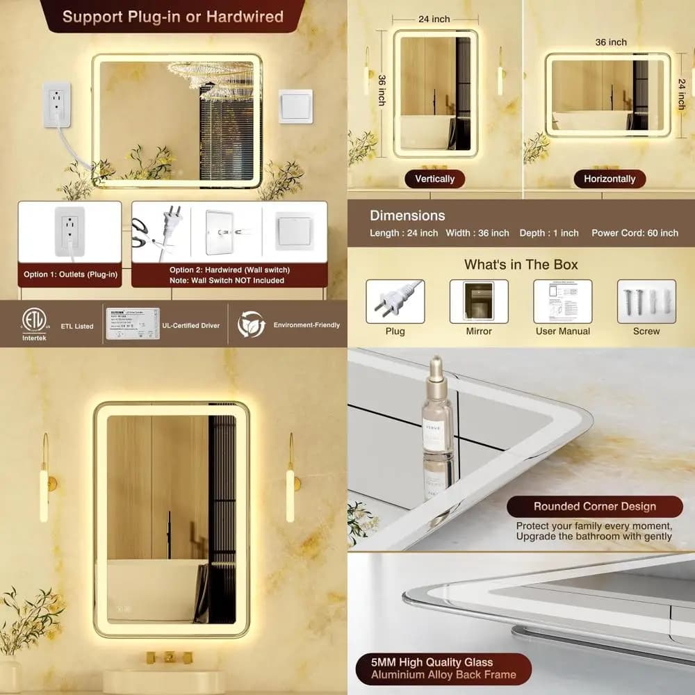 Specchio da Bagno LED 24x36 Pollici con Illuminazione Graduale, Antiappannamento e 3 Temperature di Colore