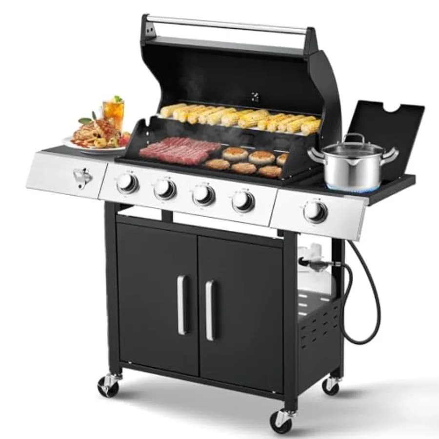 44000 BTU Stainless Steel Propano Barbecue with 4 Burners, Side Stove and Grills for Patio, Camping and Open Kitchen