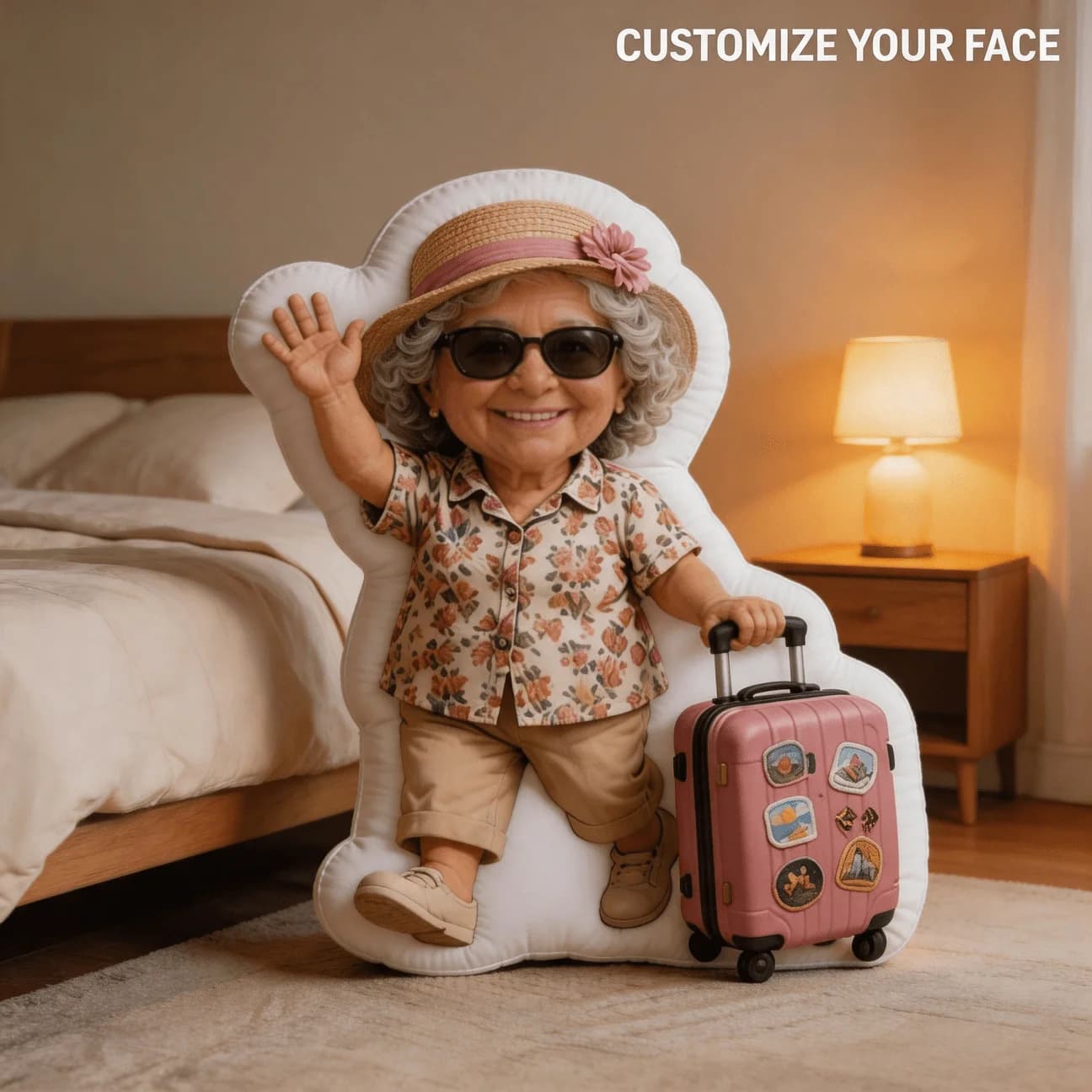 Custom Personalized Photo Face Pillow, Traveling Grandma Character Custom Shaped Decorative Cushion, 60CM Large Size Home Decor