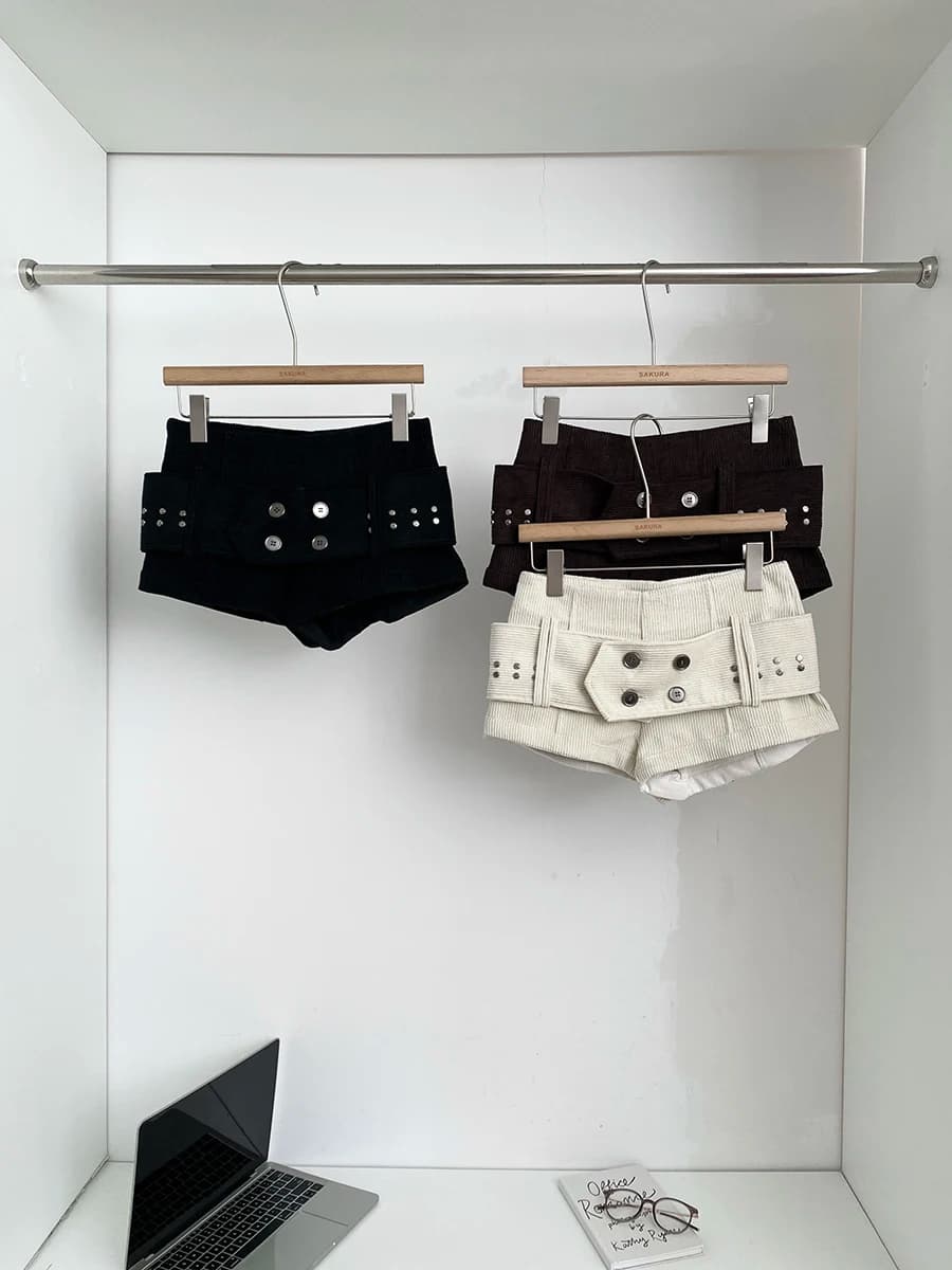 Cool Spicy Style Rivet Belted High Waist Corduroy Shorts Women's Autumn Winter Slimming Trendy Pants Comfortable Casual Trousers