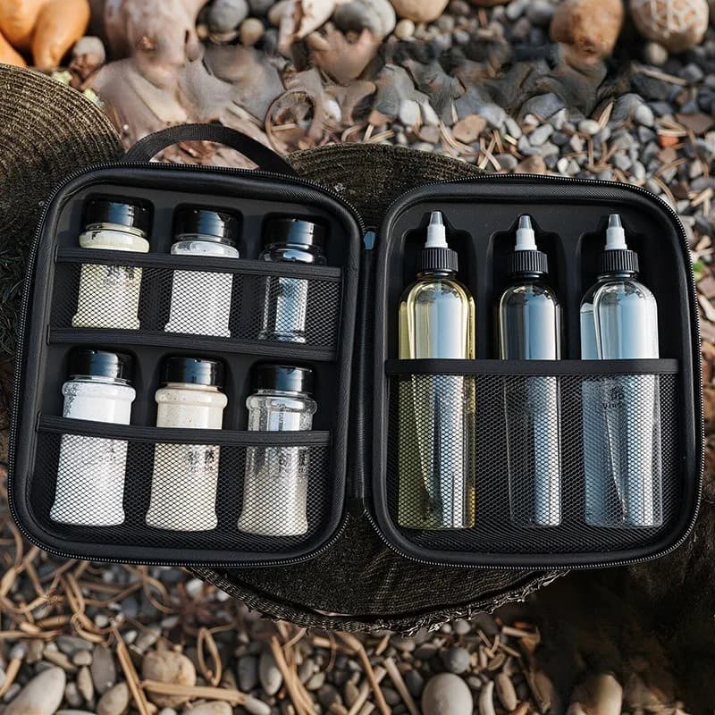 Set di Bottiglie Portatili per Spezie da Campeggio e Picnic, Barattoli per Condimenti, Bottiglie per Olio BBQ e Borsa Organizer per Condimenti