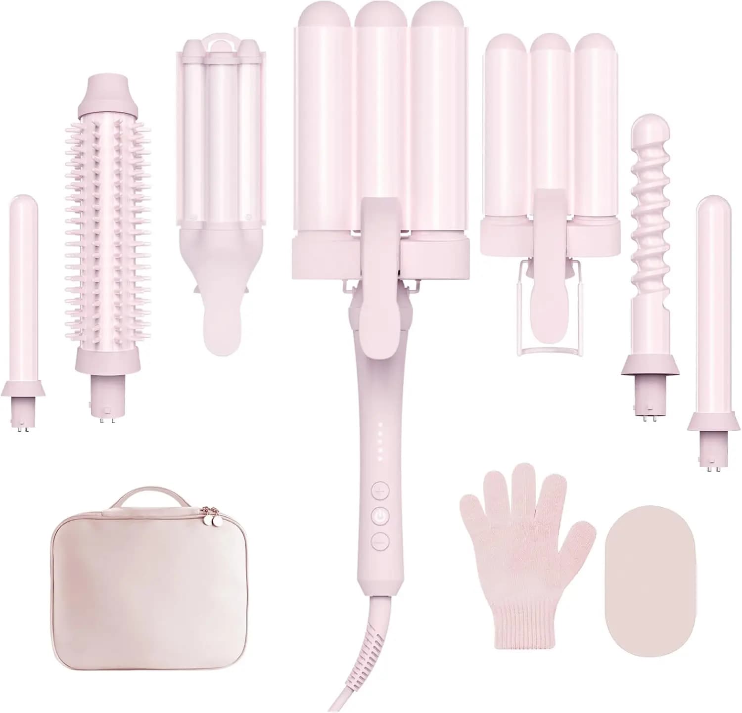 Set Ferro Arricciacapelli 7-in-1 con Cilindri Intercambiabili e Spazzola Riscaldata, Rivestimento in Ceramica, Rosa