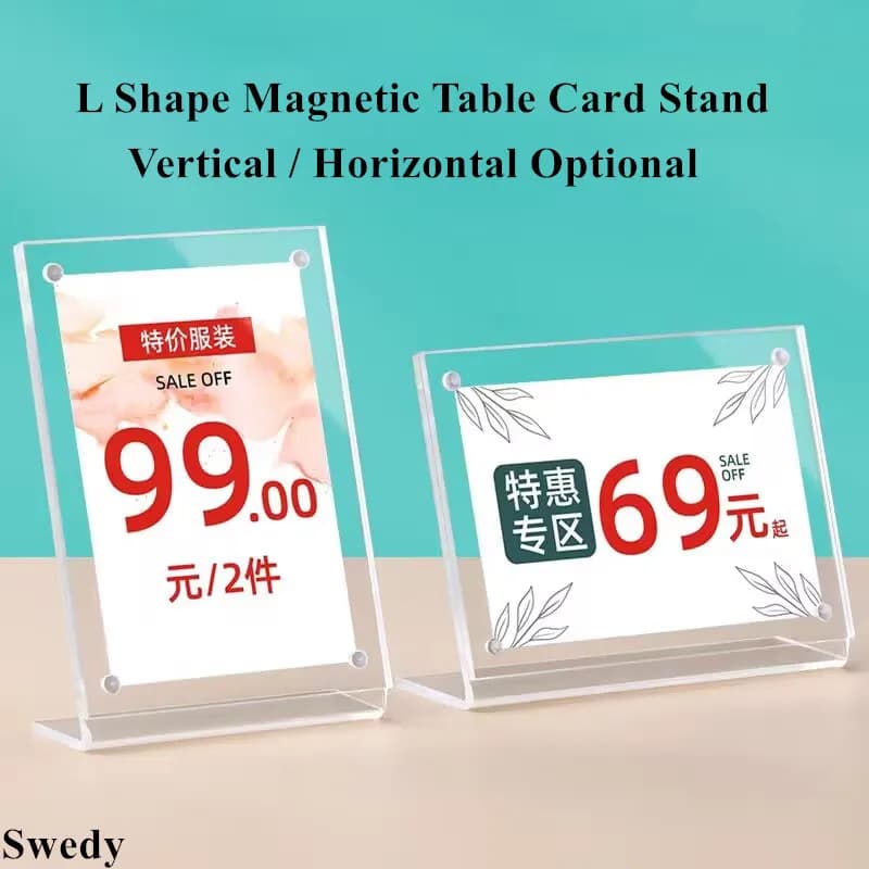 90x60mm Forma di L Supporto magnetico per cartello acrilico Espositore Porta carte da tavolo Nome dei prodotti Etichetta prezzo Etichette di carta