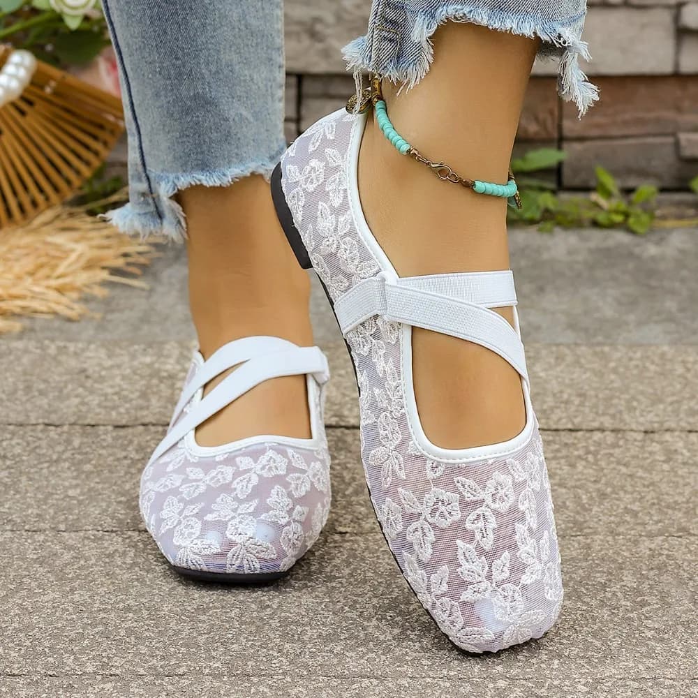 Women's Floral Lace Mesh Mary Jane Flats Breathable Square Toe Elastic Strap Loafers Cute Casual Shoes for Daily Wear Summer